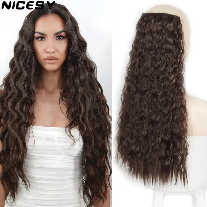 Synthetic 5 Clips Long Water Wave Clip In Hair Extensions Heat Resistant 22Inch One Piece Black Brown Hairpiece For Women