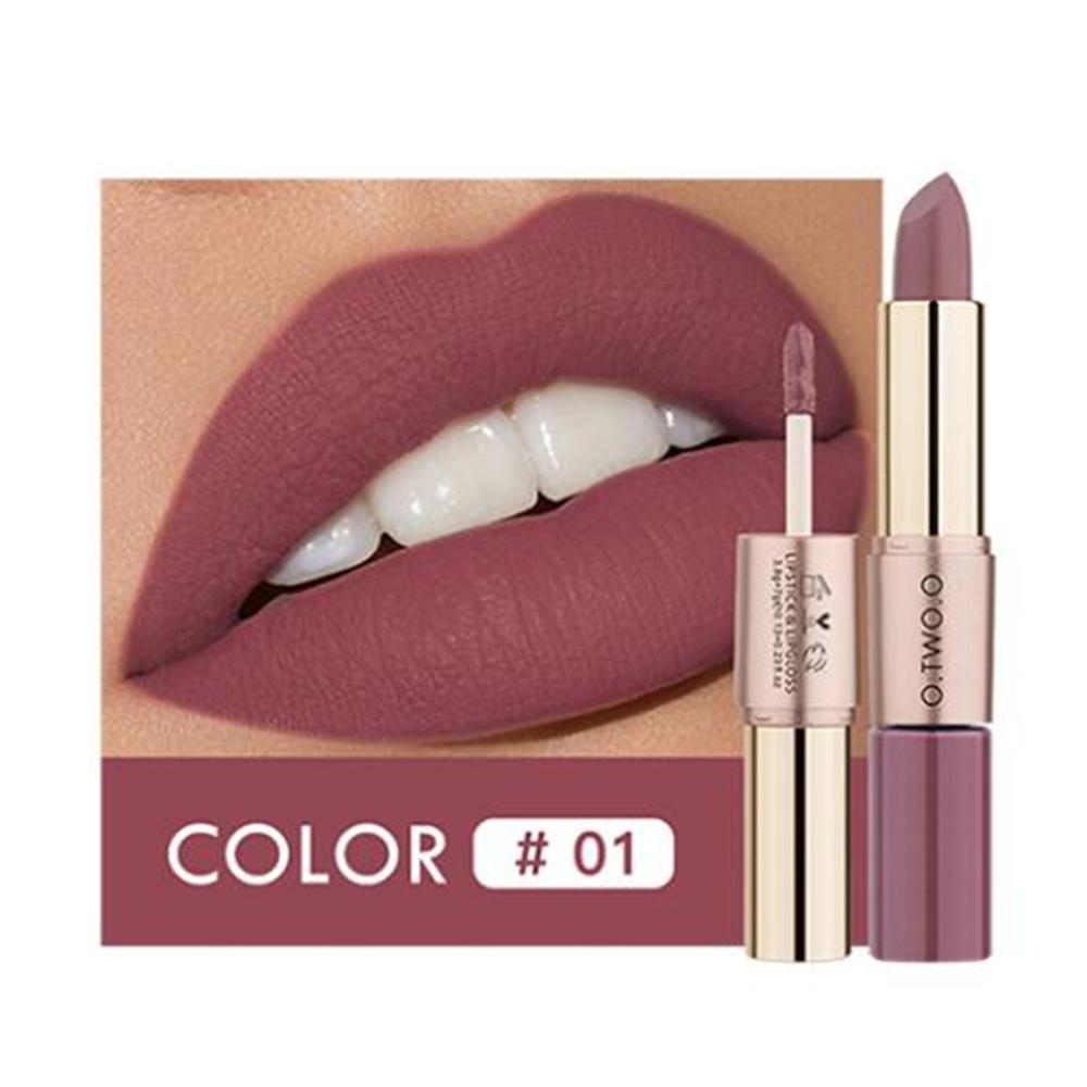 O.TWO.O 2 en 1 Lápiz labial Mate Brillo de labios Cosméticos Pintalabios impermeables Batom Mate Labios Maquillaje Colorete 12 colores Lápiz labial