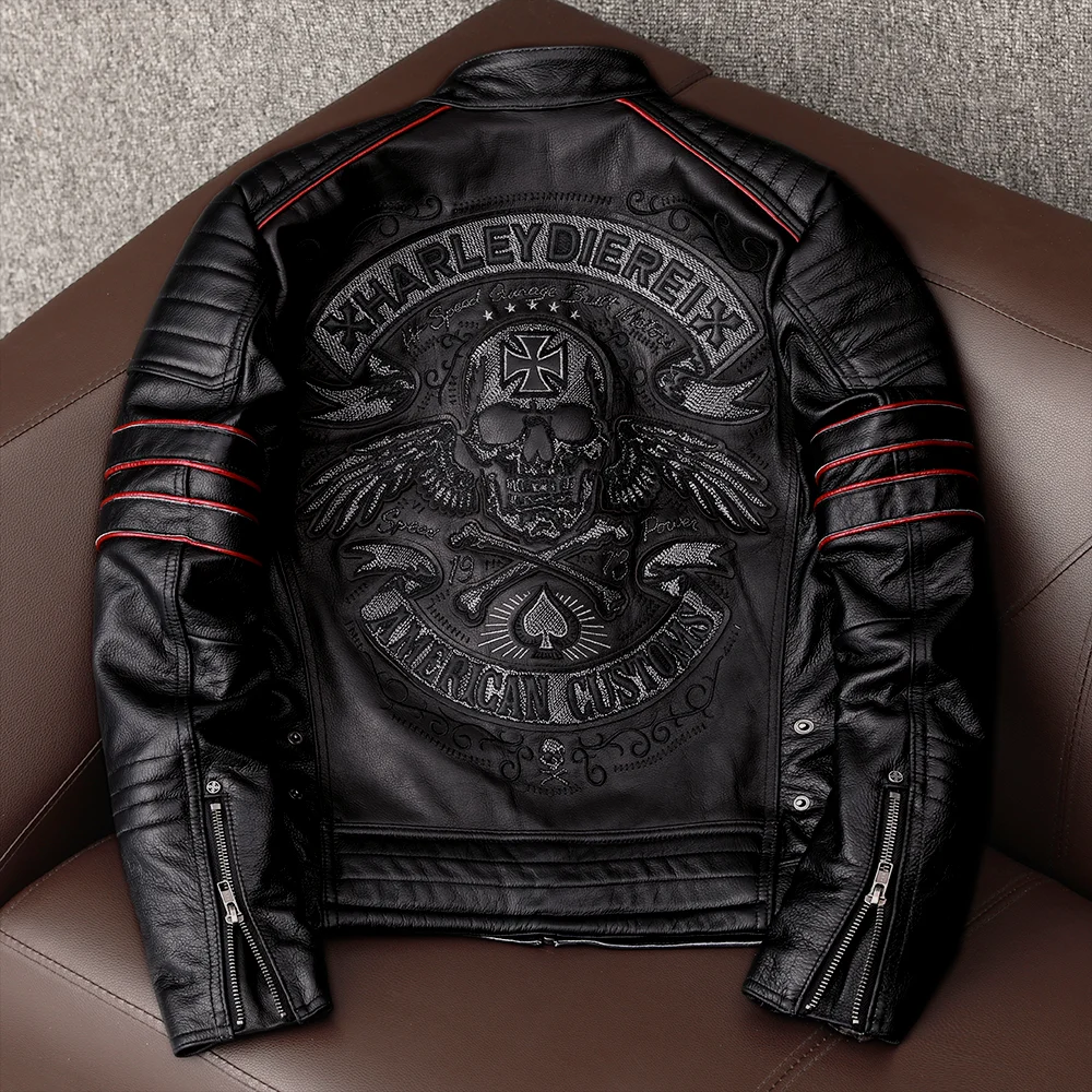 CC Shop.Brand skull cowhide coat.8XL Plus black slim genuine leather jacket,Rider leather cloth.Chaqueta de cuero esqueleto