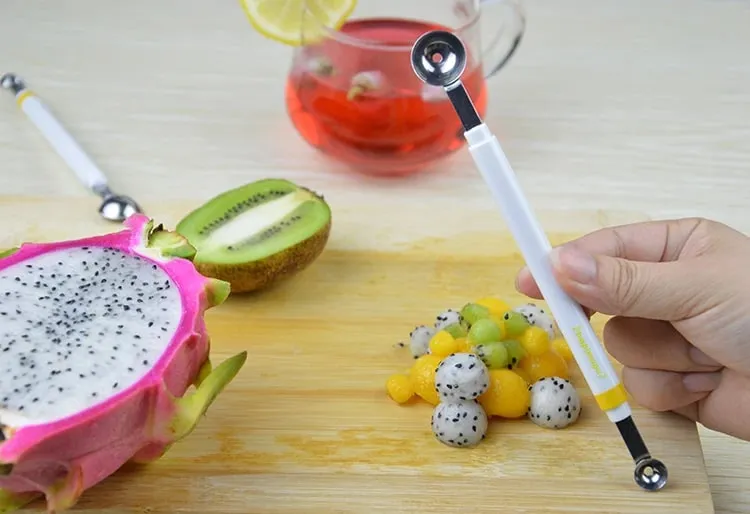 Mini vykopávač kuliček na jablka Meloun Lžíce Naběračka na zmrzlinu Nerezová ocel Oboustranný nástroj na vaření Kuchyňské doplňky pro kutily Gadgets — image 7