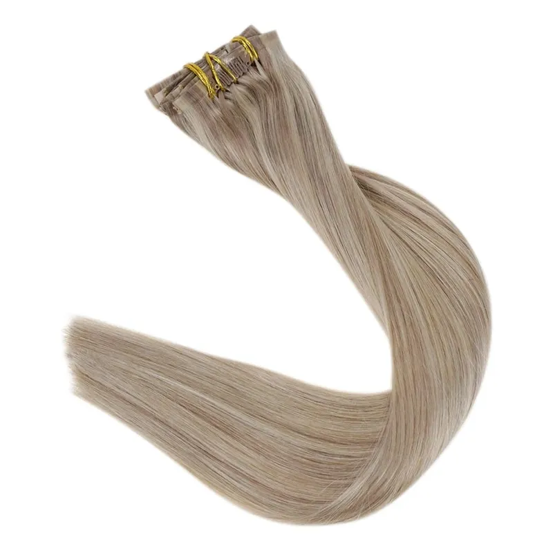 Clip invisible sin costuras Full Shine en extensiones de cabello humano 8 piezas 120 g Remy Balayage Color rubio — image 8