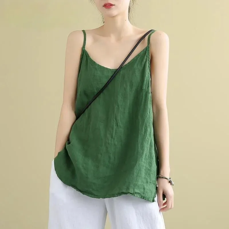 女性の夏のトップコットンリネンスパゲッティストラップトップ女性ホルター V ネックベーシックイエローノースリーブタンクトップルーズカジュアルキャミソール