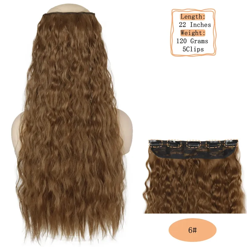 Synthetic 5 Clips Long Water Wave Clip In Hair Extensions Heat Resistant 22Inch One Piece Black Brown Hairpiece For Women