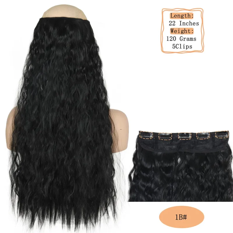 Synthetic 5 Clips Long Water Wave Clip In Hair Extensions Heat Resistant 22Inch One Piece Black Brown Hairpiece For Women