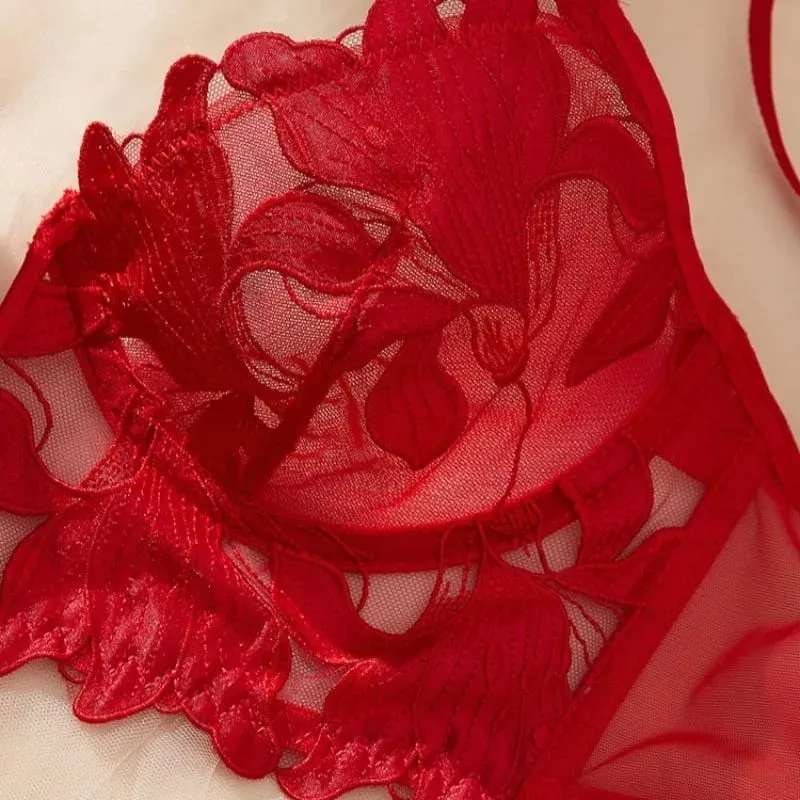 Women Red Floral Lace Lingerie Set Sheer Underwire Thin Cup Bra Matching Thong Panties Sexy Hollow Intimates — image 5