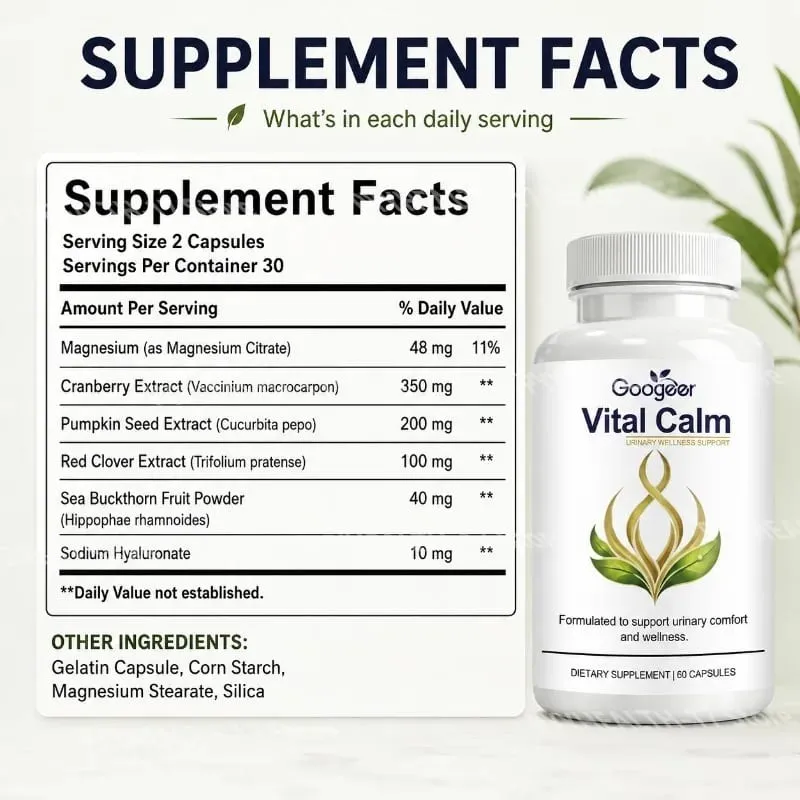 كبسولات Googeer Vital Calm لدعم الصحة البولية للبالغين والراحة مع مستخلص المغنيسيوم والتوت البري، 60 كبسولة — image 2