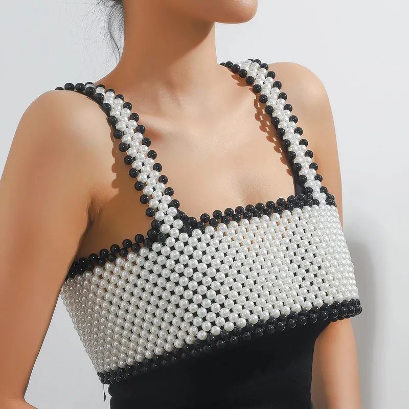 Sexy Women's Pearl Shoulder Bared Mesh Vest with Adjustable Ribbon Fashionable Sleeveless Summer Wear Ladies Pearl Top — image 4