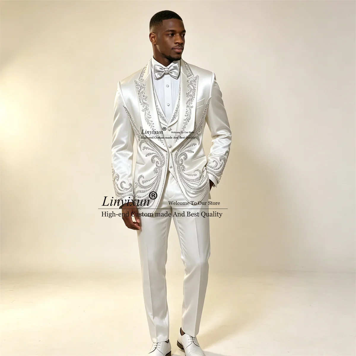Sparkly Jewelry Diamond Men Suits Customized Slim Fit Groomsmen Male Blazers 3 Pieces Sets Wedding Party Tuxedos ropa hombre — image 3