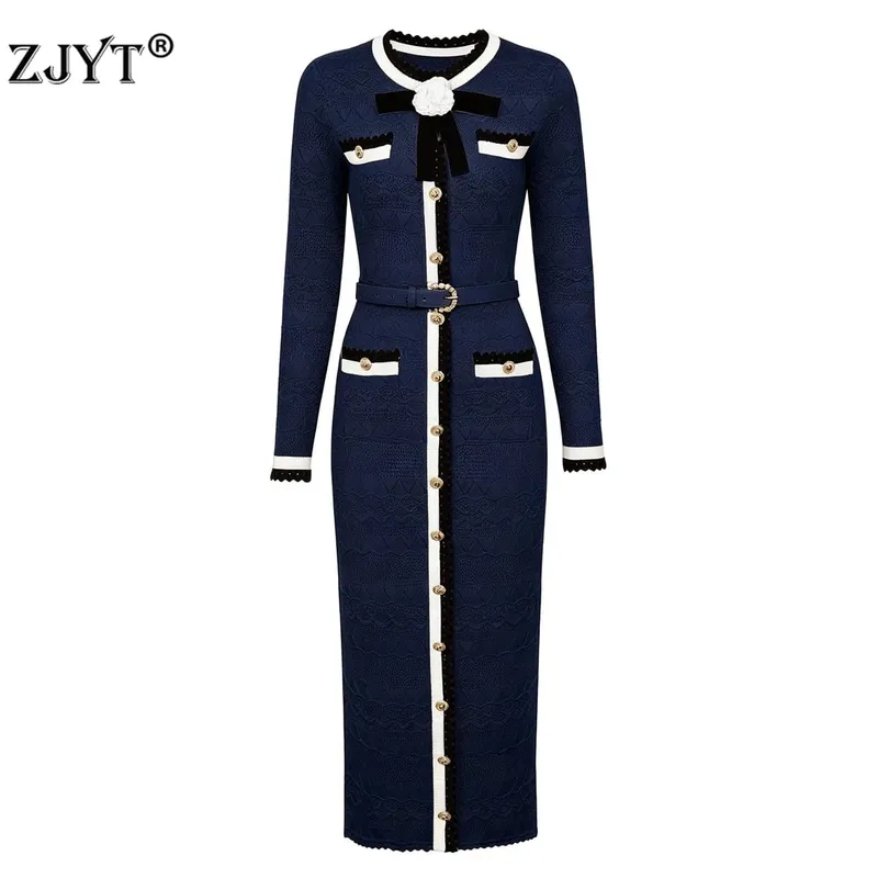 Autumn Winter Long Knitting Sweater Dresses Woman 2026 Fashion 3D Floral Hit Color Midi Straight Party Casual Dress Blue — image 1