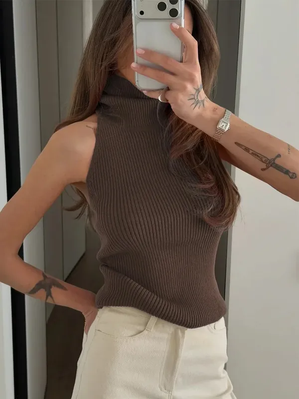 Solid Color Knit Sleeveless Tank Top Women High Neck Backless Slightly Fitted Cropped Vest Minimal Daily Fashion Casual Outfit — image 12