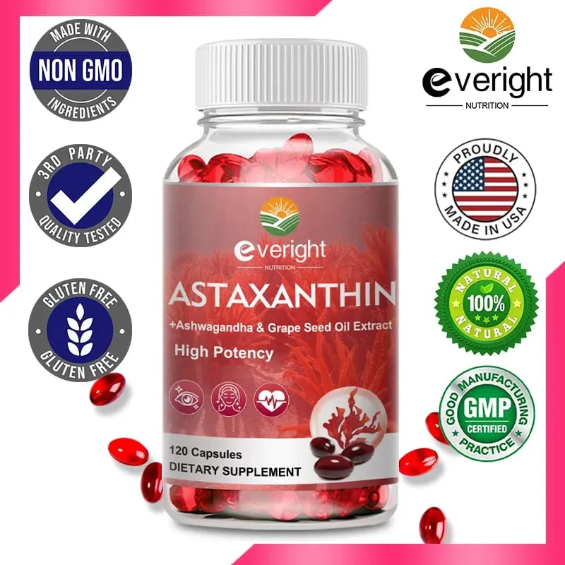 Astaksantin Takviyeleri 24mg Taze Mikroalg Kaynağı Üzüm Çekirdeği Yağı Ashwagandha - Sağlıklı Cilt Gözler için Antioksidanlar Yaşlanma