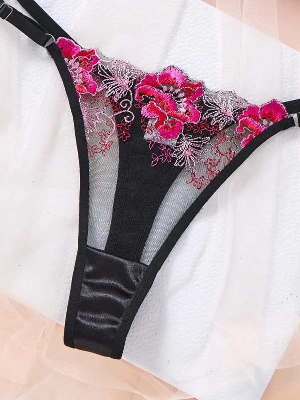 Women Black Floral Embroidery Lace Lingerie Set Push‑Up Bra & Thong Mesh Satin Intimate Underwear Daily Nightwear ZA825146 — image 5
