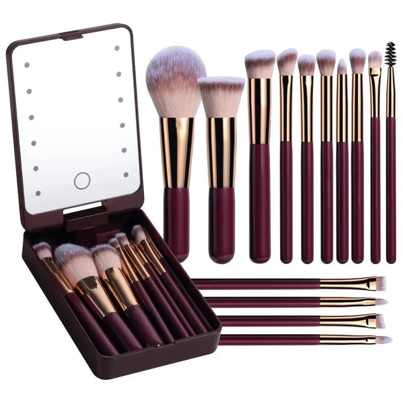 14 PCS Makeup Brush Set na May Illuminated Mirror Portable Short Handle LED Light USB Rechargeable Makeup Brushes Kit — image 6