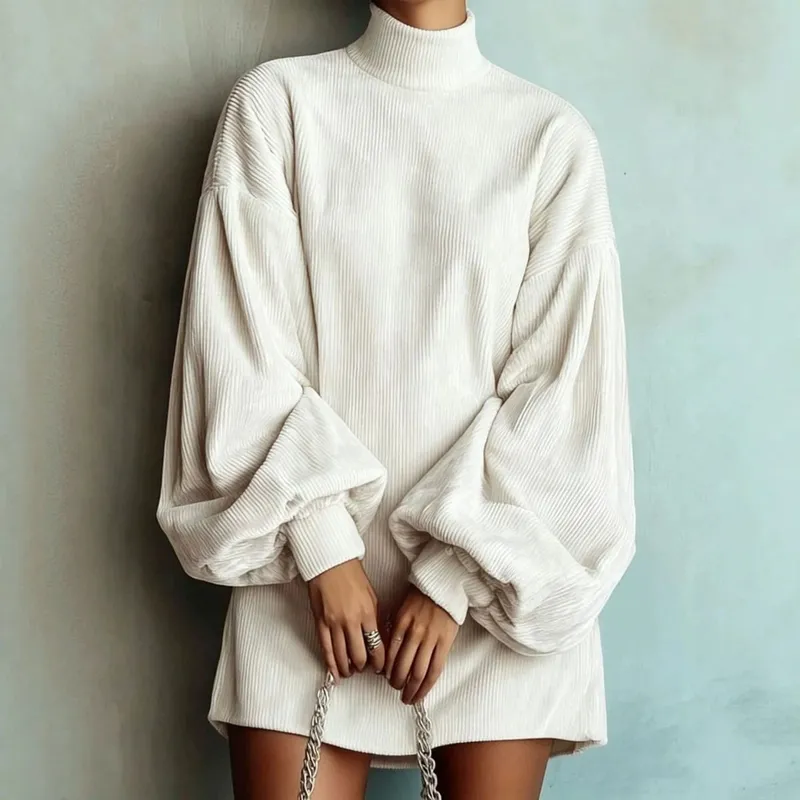 Women Corduroy Turtleneck Mini Dress Oversized Elegant Loose Lantern Sleeve Casual Dresses Autumn Winter Streetwear Short Dress — image 1