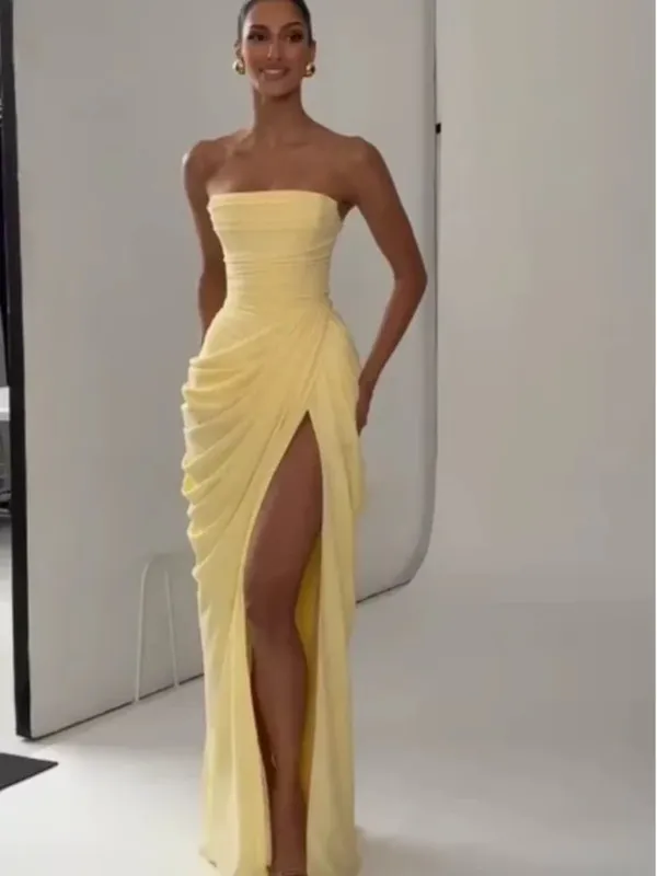 Elegant สีเหลือง Strapless จีบยาวชุดผู้หญิงเก๋แขนกุดเอว Cinching แยกชุด 2026 Lady Evening Party Robes — image 8