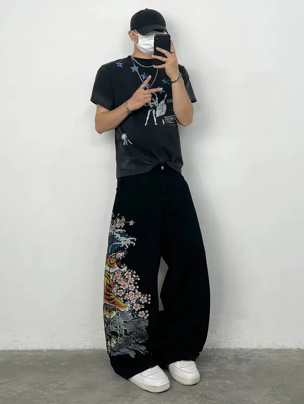Men's Black Baggy Wide-Leg Jeans with Tiger Cherry Blossom and Wave Print Y2K Streetwear Hip-Hop Fashion Casual Versatile Pants — image 9