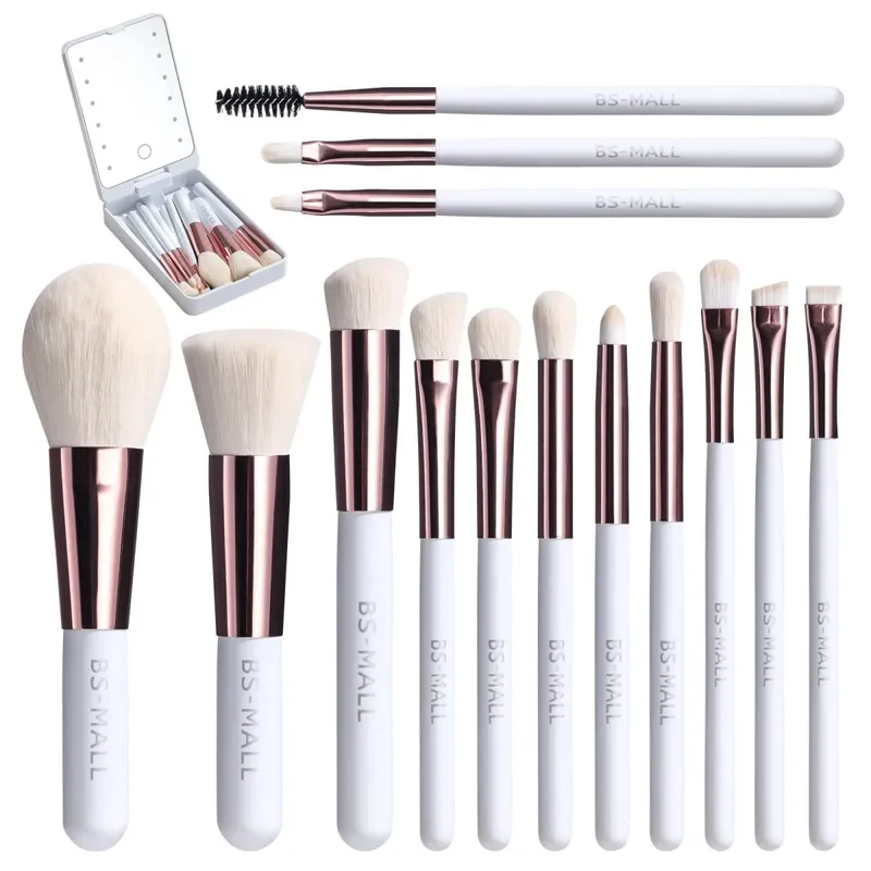 14 PCS Makeup Brush Set na May Illuminated Mirror Portable Short Handle LED Light USB Rechargeable Makeup Brushes Kit — image 9