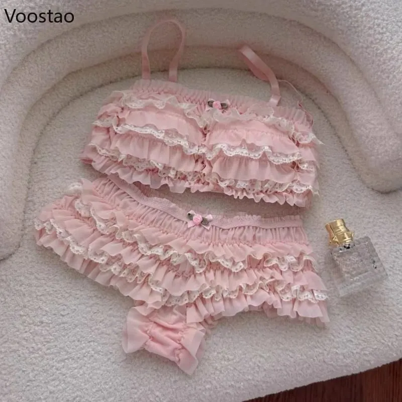 Japanse Zoete Lolita Stijl Beha Slipje Lingerie Set Vrouwen Sexy Bloemen Kanten Ruches Slips Kawaii Ondergoed Panty Intimates Sets — image 6
