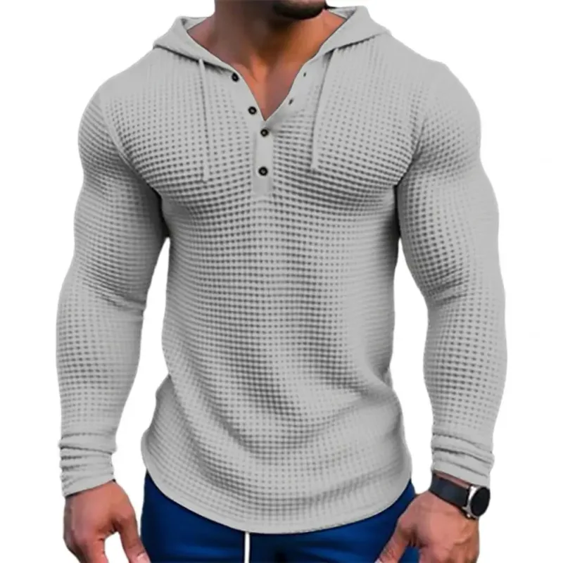 Warna Pepejal Musim Bunga Slim Fit Lengan Panjang T-shirt Lelaki Bertudung Bernafas Sukan Atasan Wafel Kapas Baju Lengan Panjang Kasual — image 10