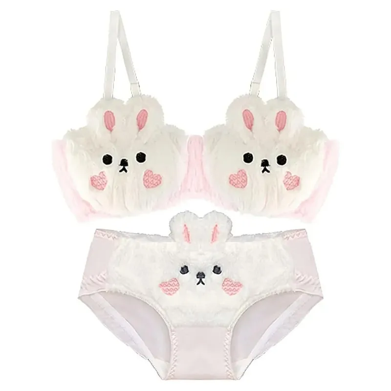 New Design Gathered Padded Bra and Panty Set Warm Polyester Lingerie Underwear Brief Adorable Cotton Fuzzy Lingerie