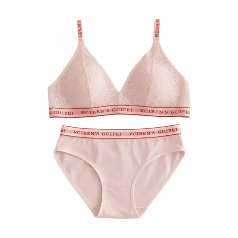 Breathable Letter Design Lingerie Set Lace Deep V Women Underwear Suit Wireless Color Blocking Bra Panties Set Girl