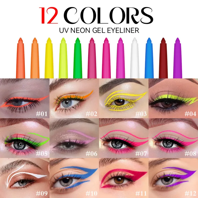 Stylo Gel Eyeliner Fluorescent UV 12 couleurs, imperméable, séchage rapide, Eyeliner coloré néon, blanc, bleu, violet, maquillage pour les yeux, fête musicale — image 6