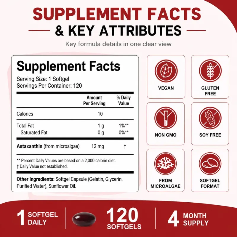 Cilt Sağlığı ve Sağlıklı Yaşlanma için Antioksidan Destekli Mikroalglerden Astaksantin Takviyesi 12mg Softgeller 120 Sayısı — image 3