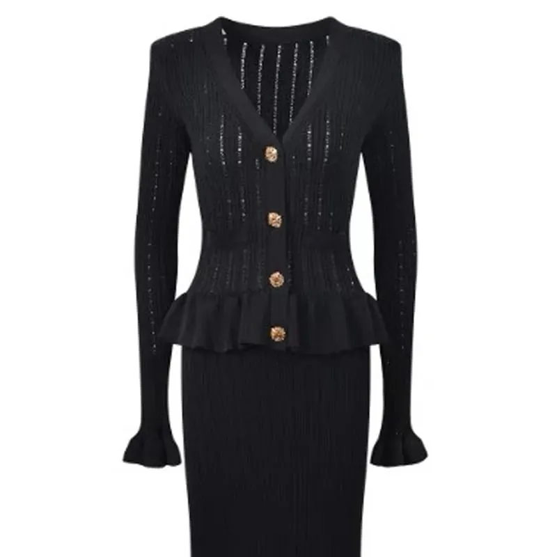 YuooMuoo marca de moda de una pieza de punto Maxi Vestido de mujer elegante con cuello en V con volantes cintura delgada ceñido al cuerpo suéter Vestido de fiesta