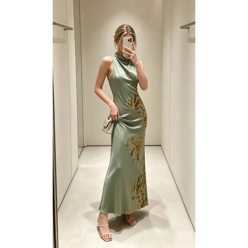 2026 Women Minimalist Outfit Elegant Half High Neck Slim Fit Sleeveless Backless Pleated Printed Sexy Party Club Maxi Dress — image 2