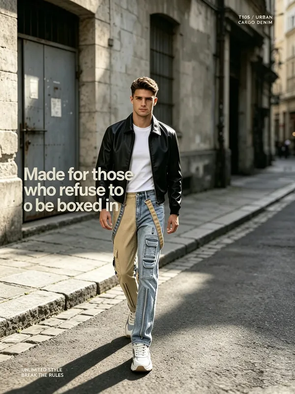 Y2K Jeans for Men Techwear Retro Cargo Pants Flared Bootcut Jeans Contrast Color Splicing Strap Streetwear Denim Trousers
