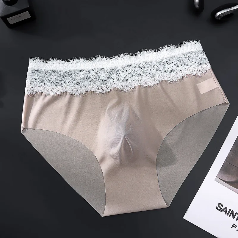 Calças triangulares masculinas de seda gelo com borda de renda, roupa íntima fina respirável sem rastros, cintura baixa, macia, sem costura, conforto masculino — image 19