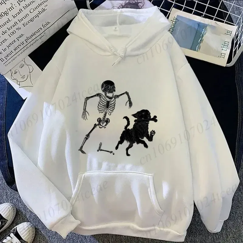 Vintage Halloween Men Women Hoodies Funny Skeleton Dog Print Tees Short Sleeve Casual Tops Halloween Party Costume Street Wear