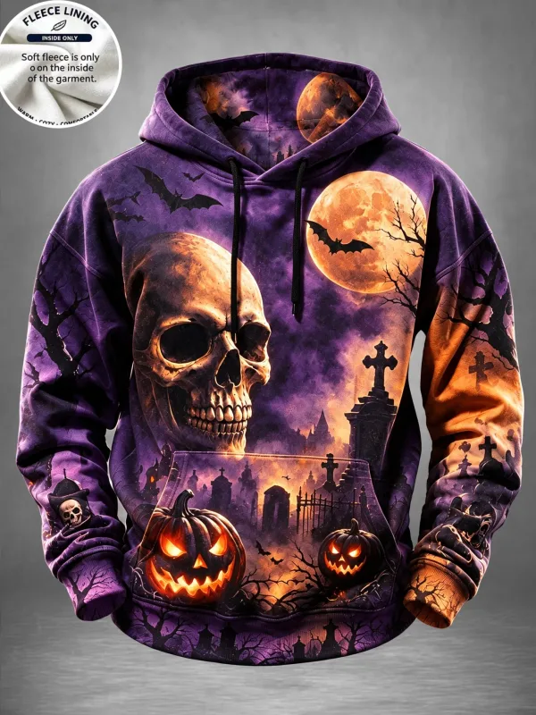 Men Fleece Lined Hoodie Halloween Skull Graveyard Pumpkin Print Pullover Hooded Sweatshirt Top — image 6