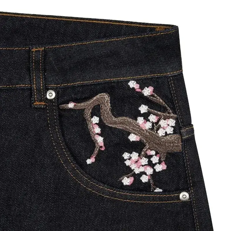 Y2K Baggy Jeans Cherry Blossom výšivka Džínové kalhoty Muži Ženy American Hiphop Streetwear Široká noha džínové kalhoty — image 4
