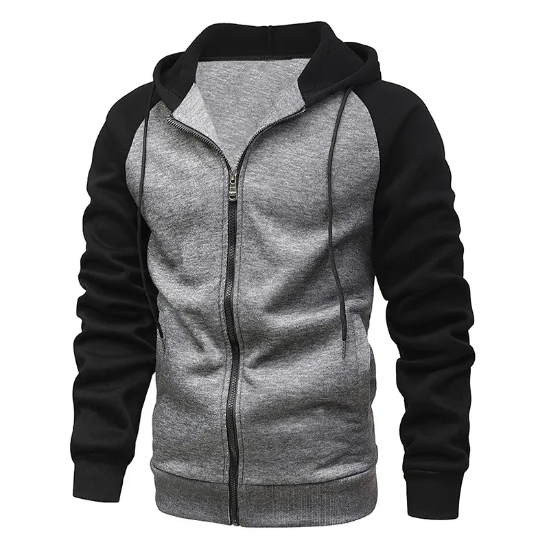 Sweat-shirt à capuche en polaire pour hommes, manches longues, fermeture éclair, mode, blocage des couleurs, veste cintrée, manteau — image 4