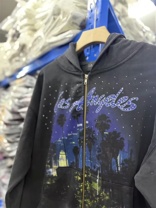 False Rhinestone Starry Sky Pattern Print Washed Zipper Loose Hoodie Street Casual Cotton Versatile Sports Trendy Sweatshirt