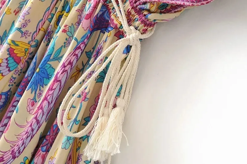 Boho Queens Wanita Merak Bunga Cetak Lengan Kelawar Pantai Bohemian Maxi Gaun Wanita V Leher Rumbai Gaun Musim Panas Vestidos — image 4