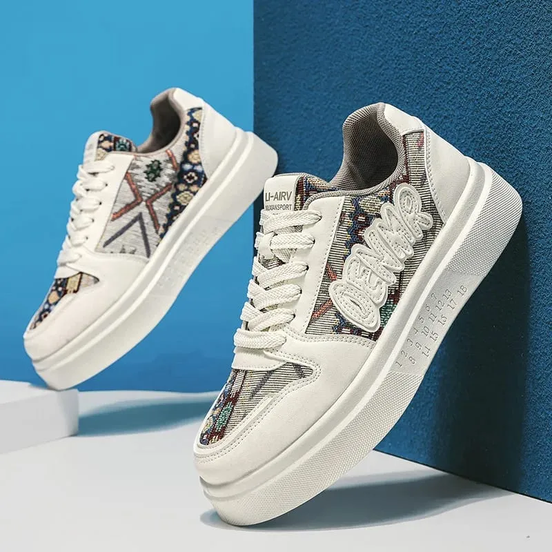 Men Spring Summer Sneakers Platform Board Shoes Ethnic Patchwork Fabric Casual Skateboard Lace Up Male Footwear — image 1