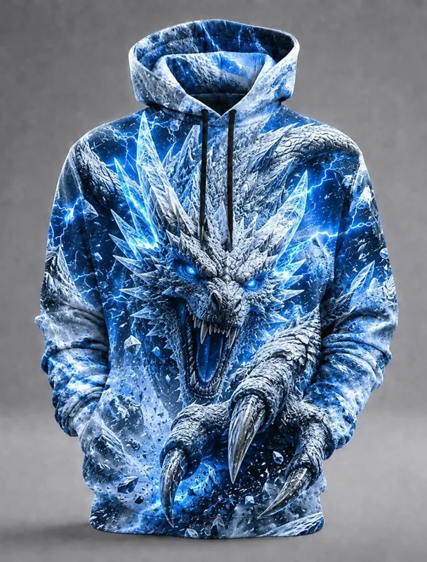 Men's Ice Dragon 3D Printed Hoodie Fantasy Dragon Graphic Lightning Ice Print Sweatshirt Long Sleeve Casual Streetwear