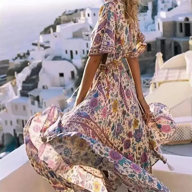 Boho Queens Wanita Merak Bunga Cetak Lengan Kelawar Pantai Bohemian Maxi Gaun Wanita V Leher Rumbai Gaun Musim Panas Vestidos — image 5