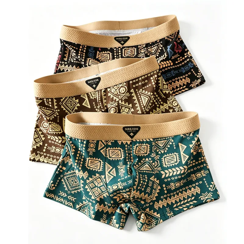 Celana Dalam Pria Fashion 3 Buah/Set Celana Boxer Gambar Cetak Geometris Retro Pria Pakaian Dalam Pertengahan Pinggang Sejuk Lembut Celana Pendek Nyaman