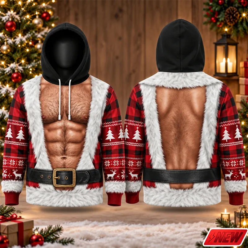 Fashion Christmas Party Streetwear Hoodie Men Holiday 3D Print Funny Fake Muscle Santa Suit Reindeer Graphic Festive Sweatshirt — image 7