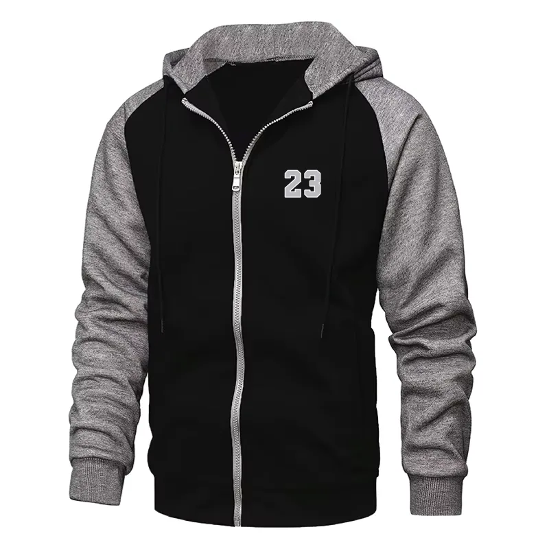 Lelaki Hoodies Bercetak Nombor 23 Baju Sweatshirt Lengan Panjang untuk Lelaki Bertudung Zip Lelaki Baju Sweater menyekat warna fesyen
