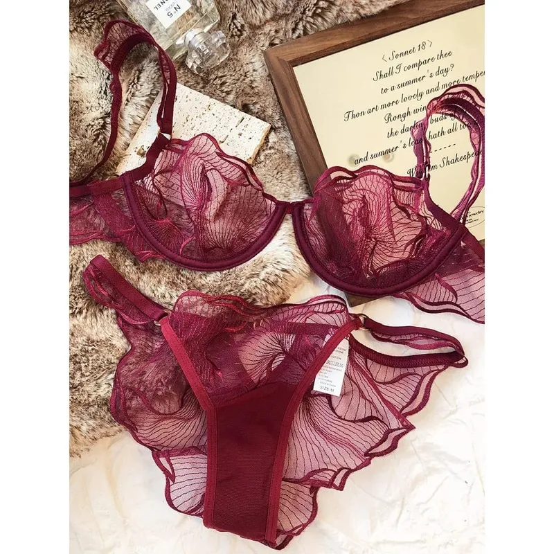 Womens French Lace Bra Set Ultra Thin Embroidery Hollow Minimizer Brassiere Sheer Lingerie Underwear Soft Comfortable 32 to 38 — image 2