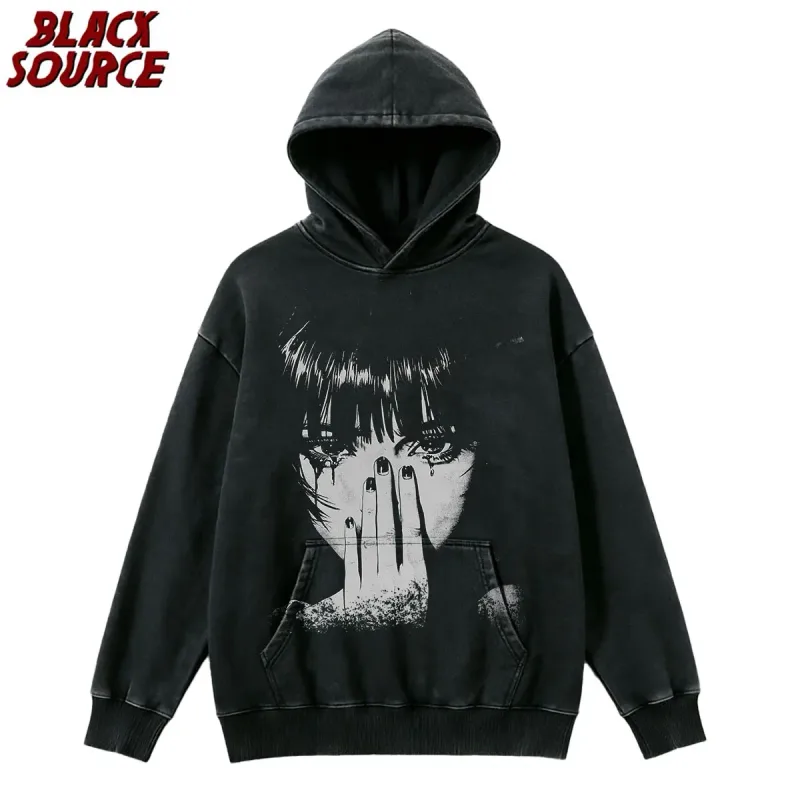 hd0121 Hip Hop Men's Fashion Washed Hoodie, Streetwear Graphic Print Harajuku Pullover Sweatshirt, Casual Loose Fit Y2K