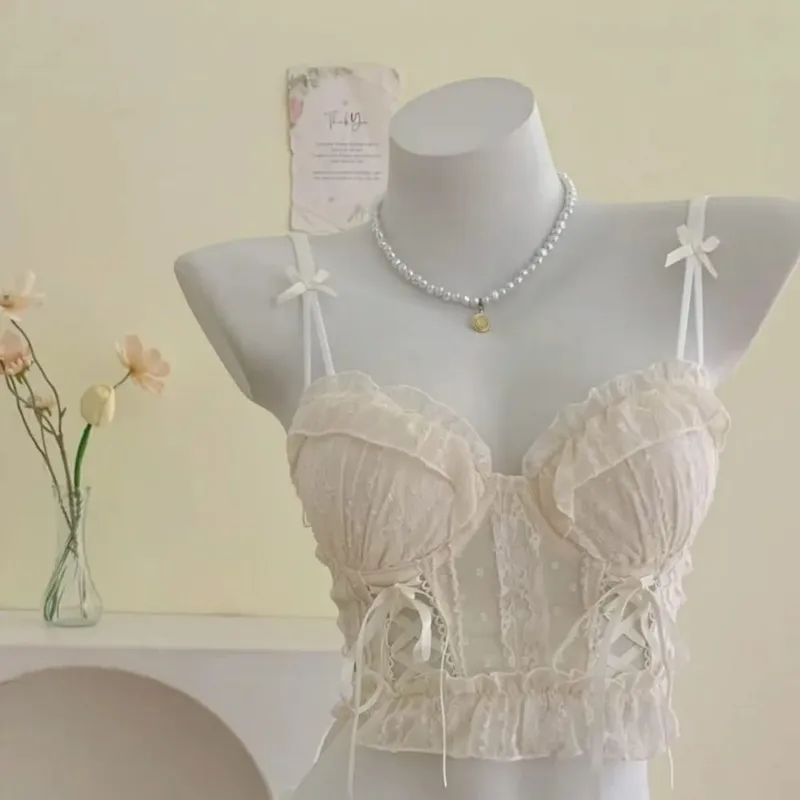 Ensemble de soutien-gorge en dentelle à volants pour femmes, petit buste, Push-Up, maille croisée, bretelles croisées, pur, doux, Lingerie douce au quotidien, sous-vêtements 2 pièces 32-38AB — image 2