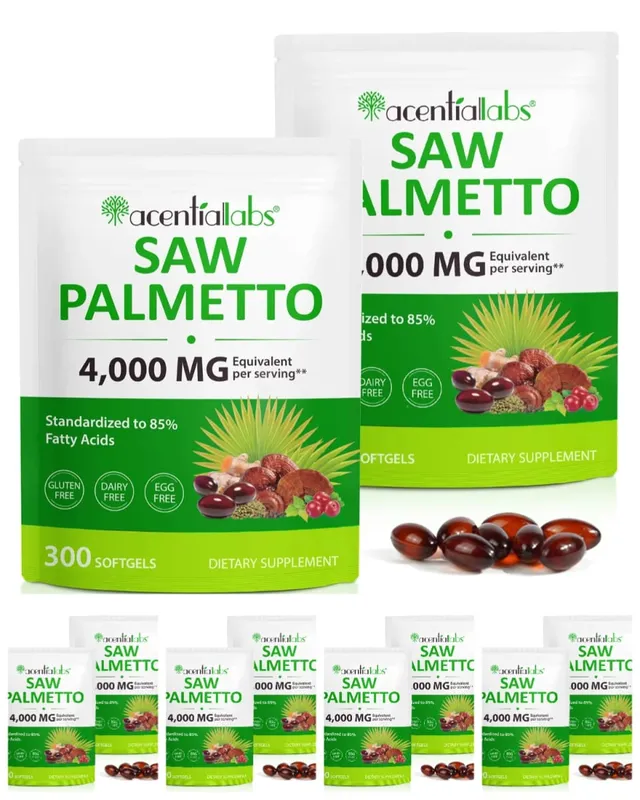 Acentalabs Saw Palmetto Softgels 4000mg 85% Free Fatty Acids 300 Count Prostate Hair Health Supplement for Men Dailyl Intake