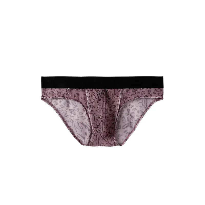 Men's Separate Dual Pouch Briefs Summer Ice Silk Seemless Sheer Panties Breathable Mesh Leopard Print Travel Quick-dry Underwear