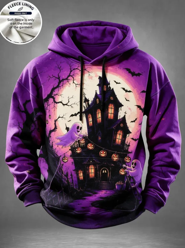 English: Halloween Haunted House Ghost Pumpkin Bat Print Hoodie Men Fleece Lined POD Sweatshirt Casual Long Sleeve Pullover