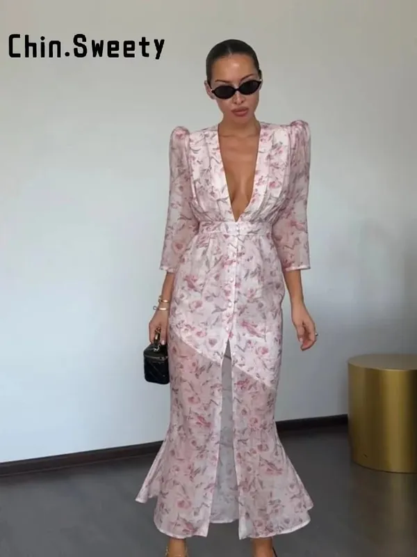 Elegant พิมพ์ชุดสตรี Organza ลึก V คอครึ่งแขนเอว Cinched จีบชุด 2026 ฤดูร้อน Lady Holiday Party Robe — image 2